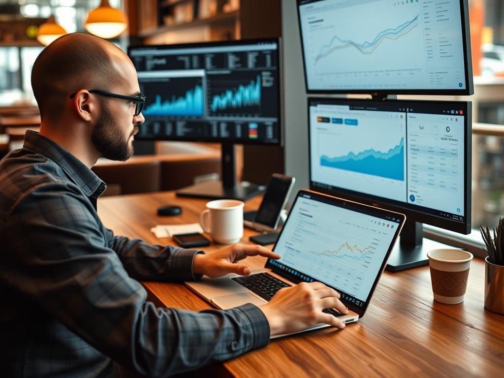 Digital marketer working on content strategy with analytics dashboard Digital marketer working on content strategy with analytics dashboard