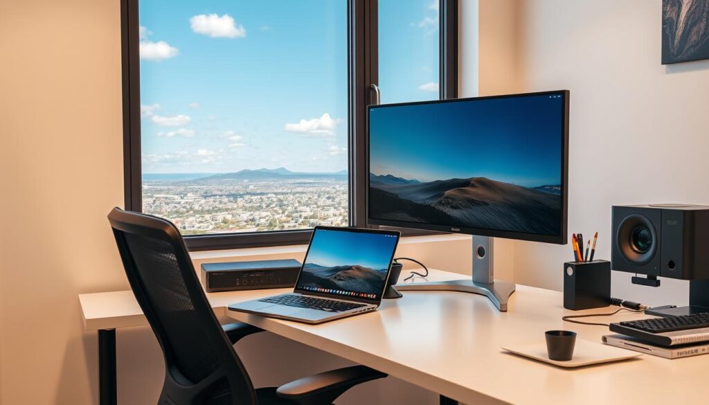 Digital nomad workspace setup in scenic location Digital nomad workspace setup in scenic location