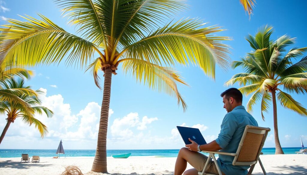 Miami beach with person working on laptop Miami beach with person working on laptop
