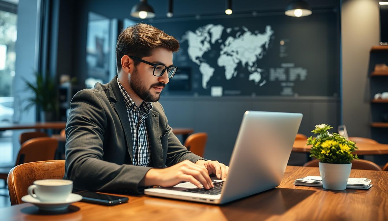 Person working remotely on laptop with USA map in background