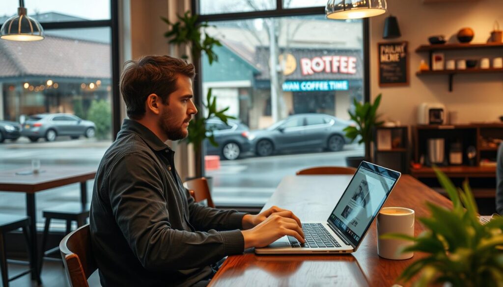 Portland coffee shop with digital nomad working Portland coffee shop with digital nomad working